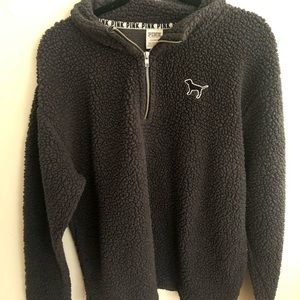 Pink dark grey fuzzy Sherpa quarter zip